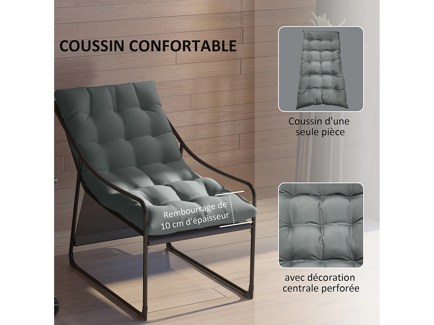 Fauteuil lounge de jardin avec coussin acier époxy polyester gris noir