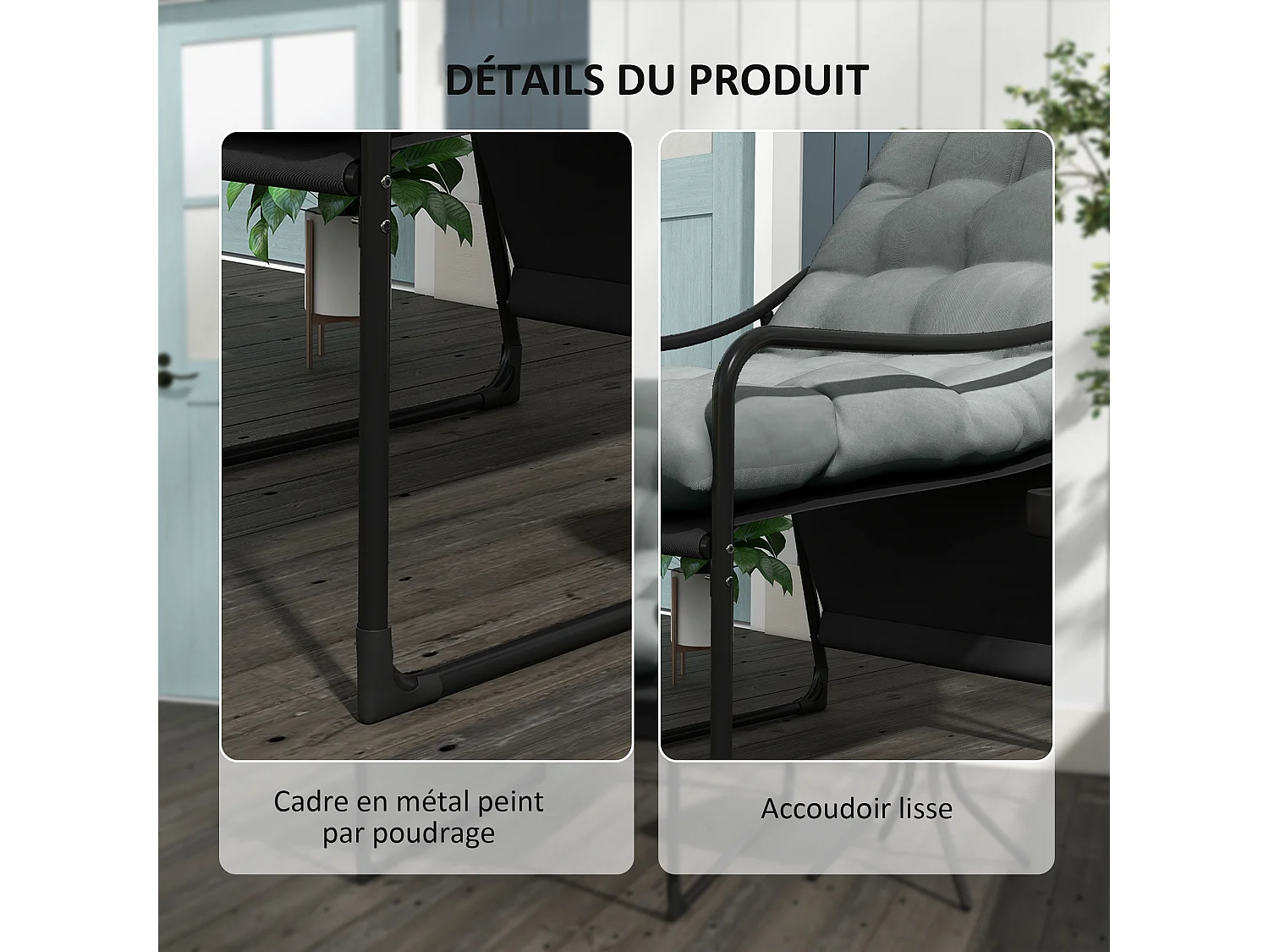 Fauteuil lounge de jardin avec coussin acier époxy polyester gris noir
