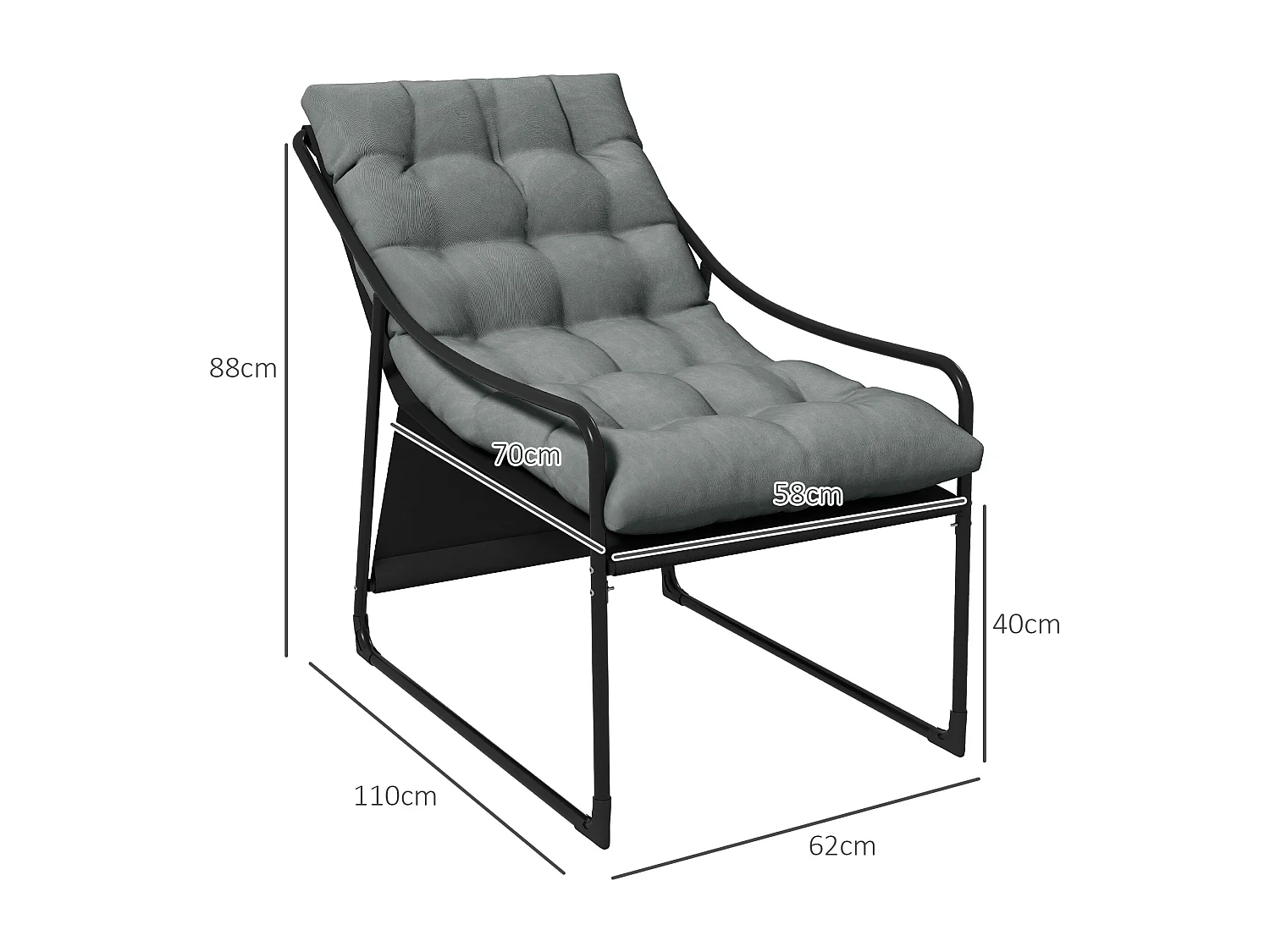 Fauteuil lounge de jardin avec coussin acier époxy polyester gris noir