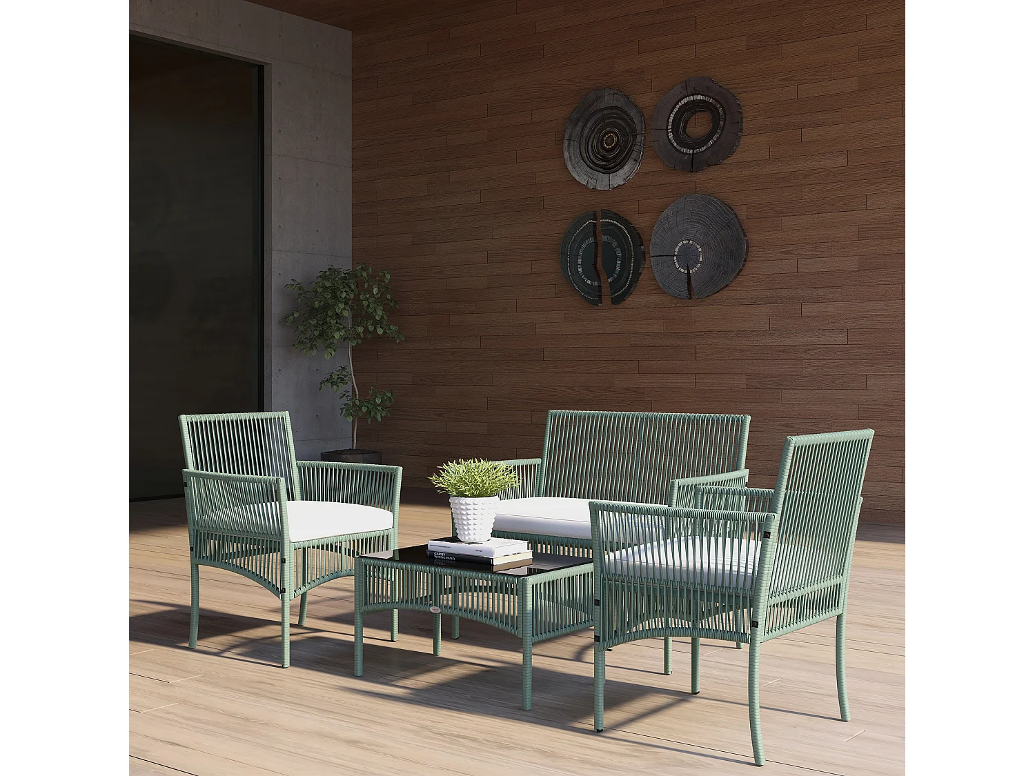 Salon de jardin 4 places 4 pièces style colonial table basse coussins inclus résine tressée filée aspect rotin vert