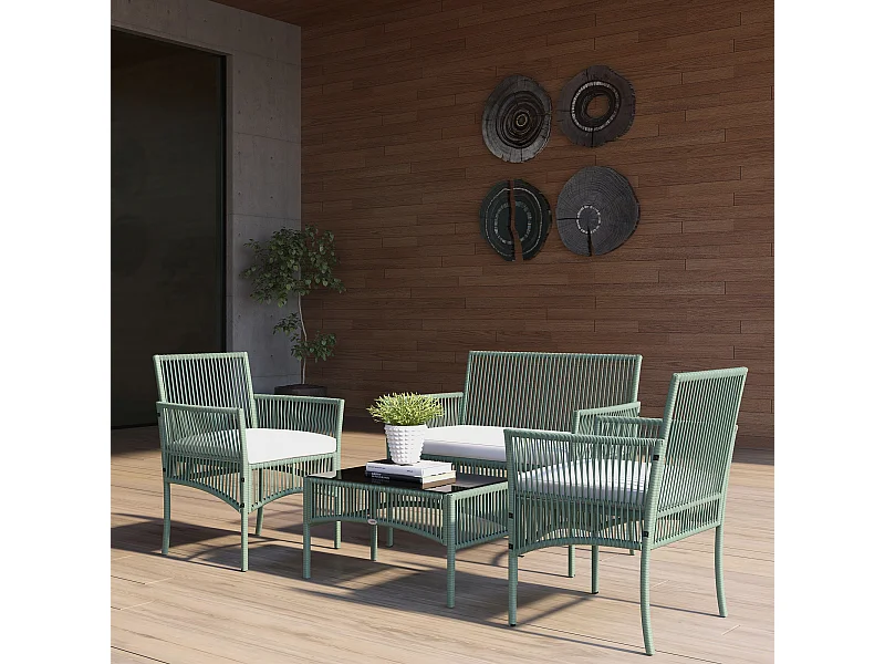 Salon de jardin 4 places 4 pièces style colonial table basse coussins inclus résine tressée filée aspect rotin vert