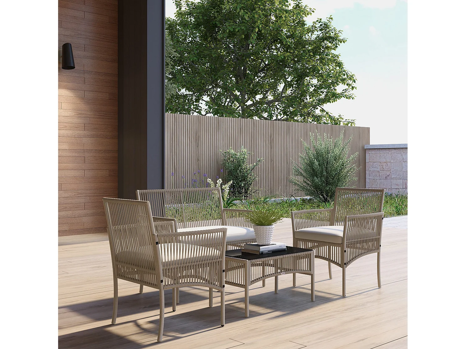 Salon de jardin 4 places 4 pièces style colonial table basse coussins inclus résine tressée filée aspect rotin taupe clair