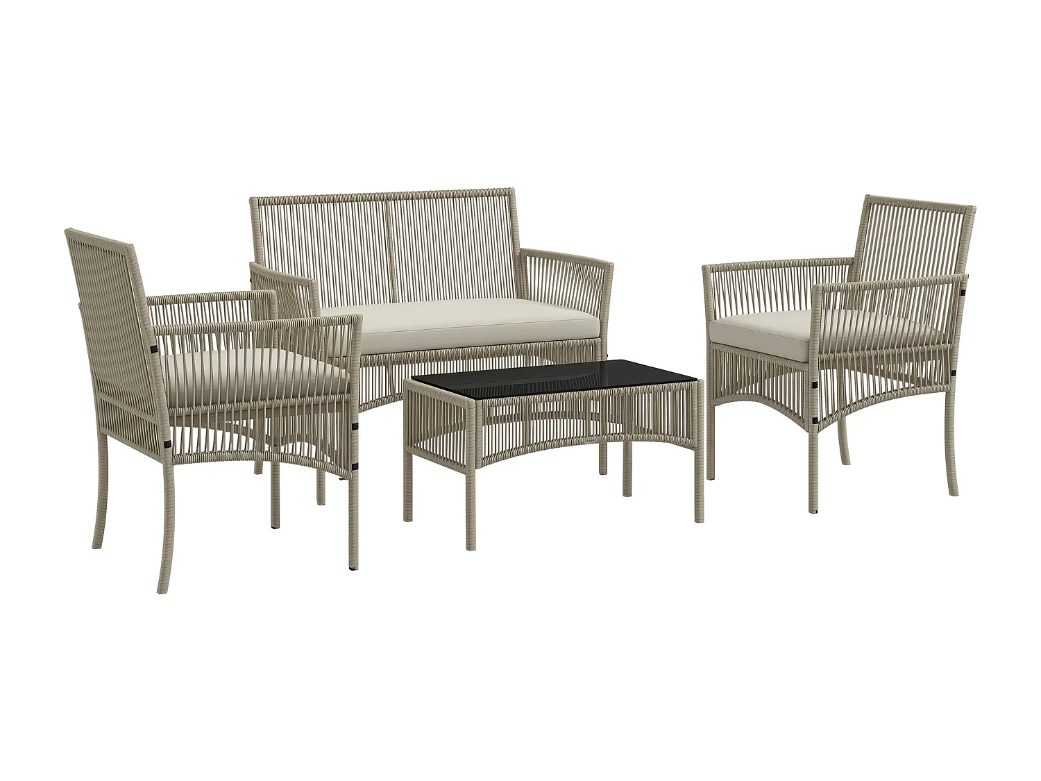 Salon de jardin 4 places 4 pièces style colonial table basse coussins inclus résine tressée filée aspect rotin taupe clair