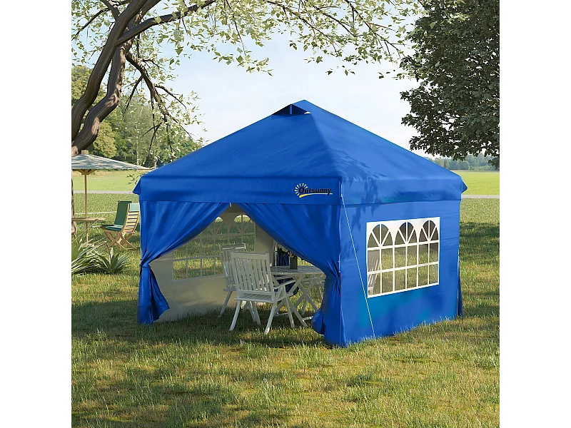 Tonnelle barnum pliant pop-up 3L x 3l x 2,84H m 4 parois latérales amovibles 2 fenêtres + sac de transport métal Oxford bleu