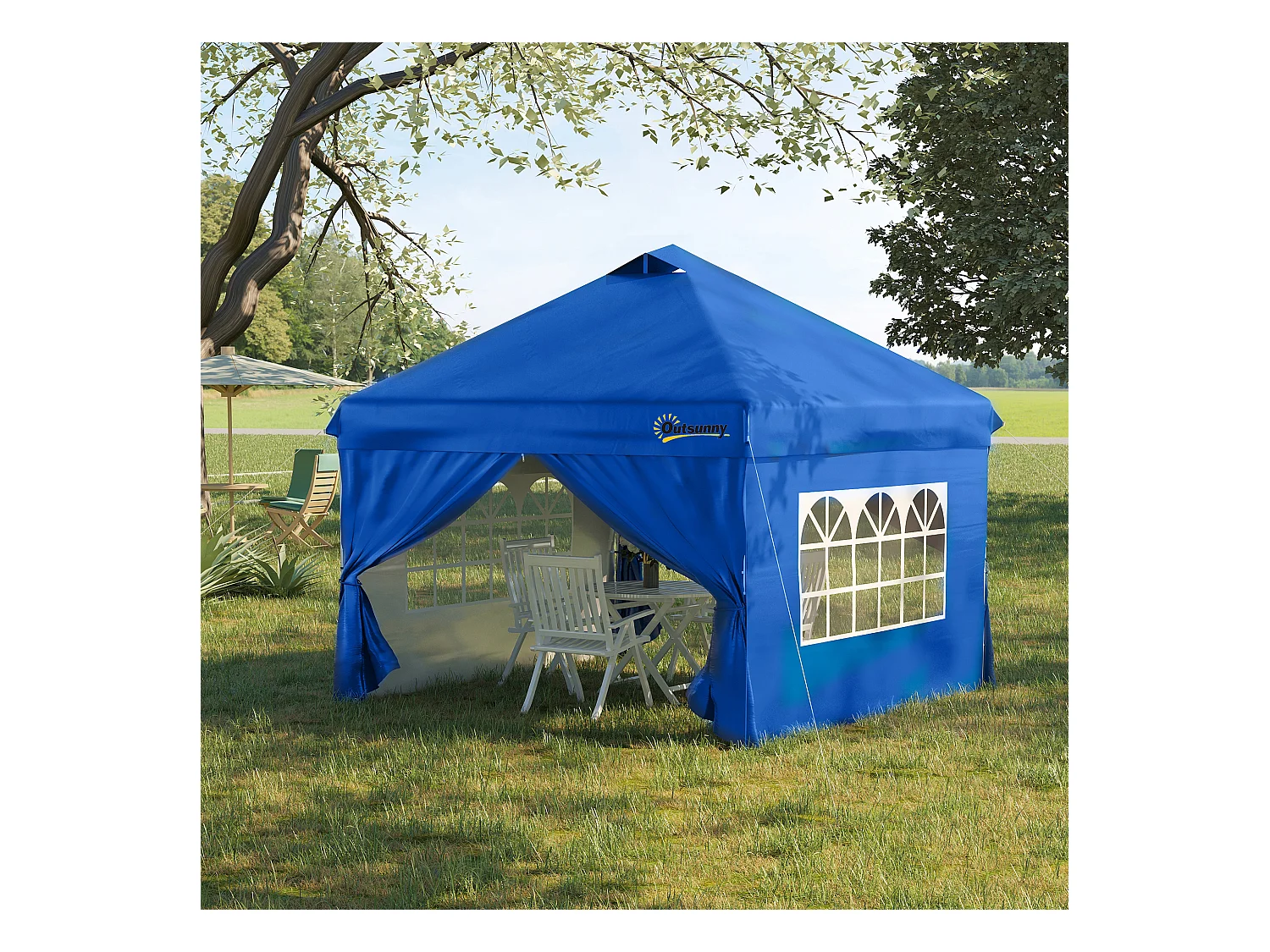 Tonnelle barnum pliant pop-up 3L x 3l x 2,84H m 4 parois latérales amovibles 2 fenêtres + sac de transport métal Oxford bleu