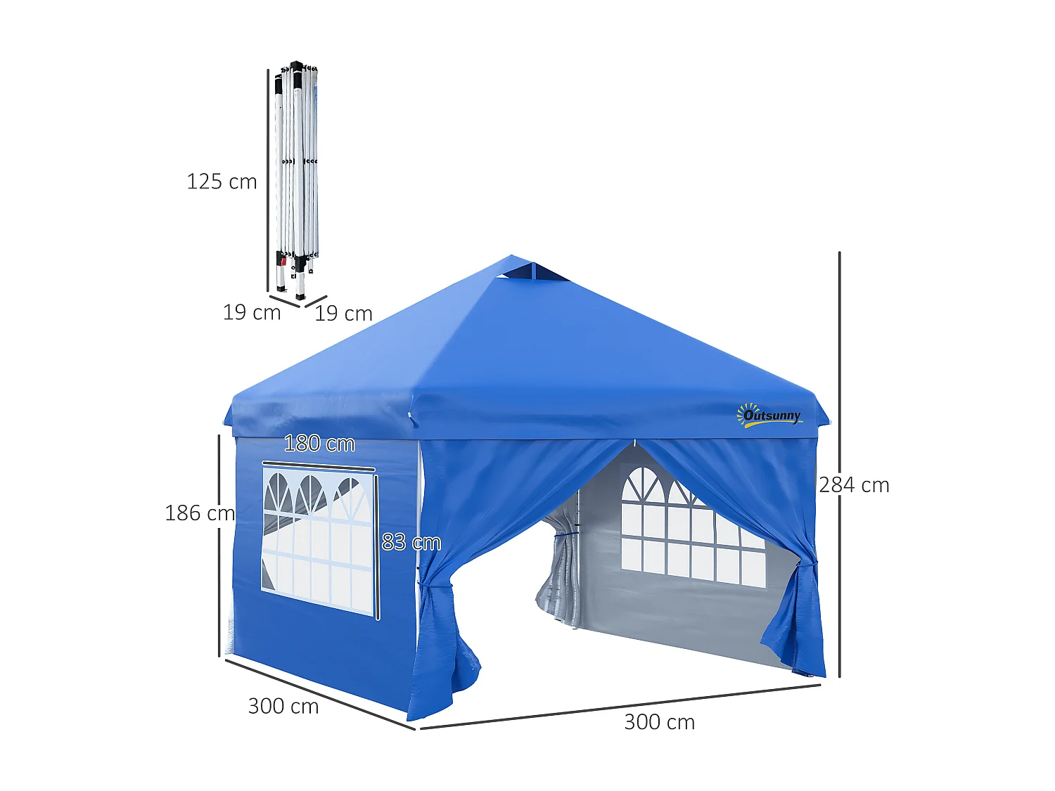 Tonnelle barnum pliant pop-up 3L x 3l x 2,84H m 4 parois latérales amovibles 2 fenêtres + sac de transport métal Oxford bleu