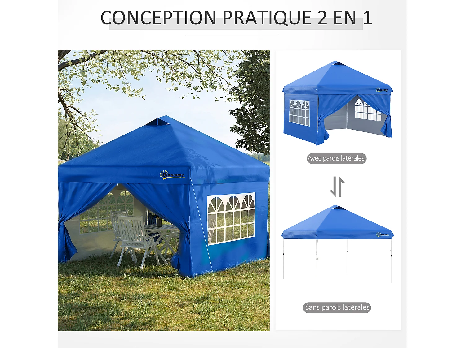 Tonnelle barnum pliant pop-up 3L x 3l x 2,84H m 4 parois latérales amovibles 2 fenêtres + sac de transport métal Oxford bleu