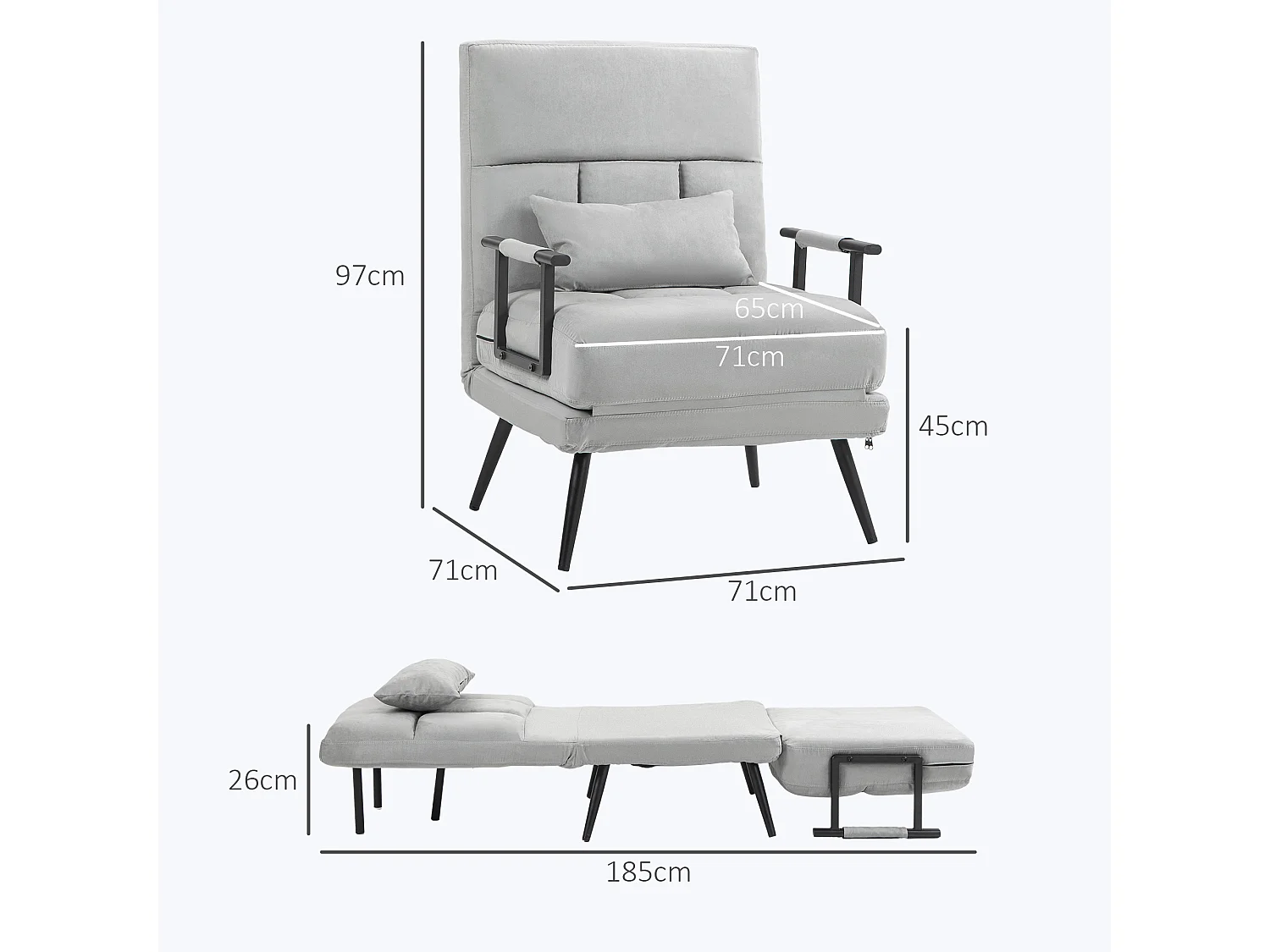 Fauteuil chauffeuse canapé-lit convertible 1 place coussin pieds accoudoirs métal noir velours gris clair