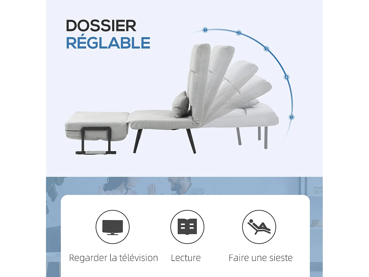 Fauteuil chauffeuse canapé-lit convertible 1 place coussin pieds accoudoirs métal noir velours gris clair