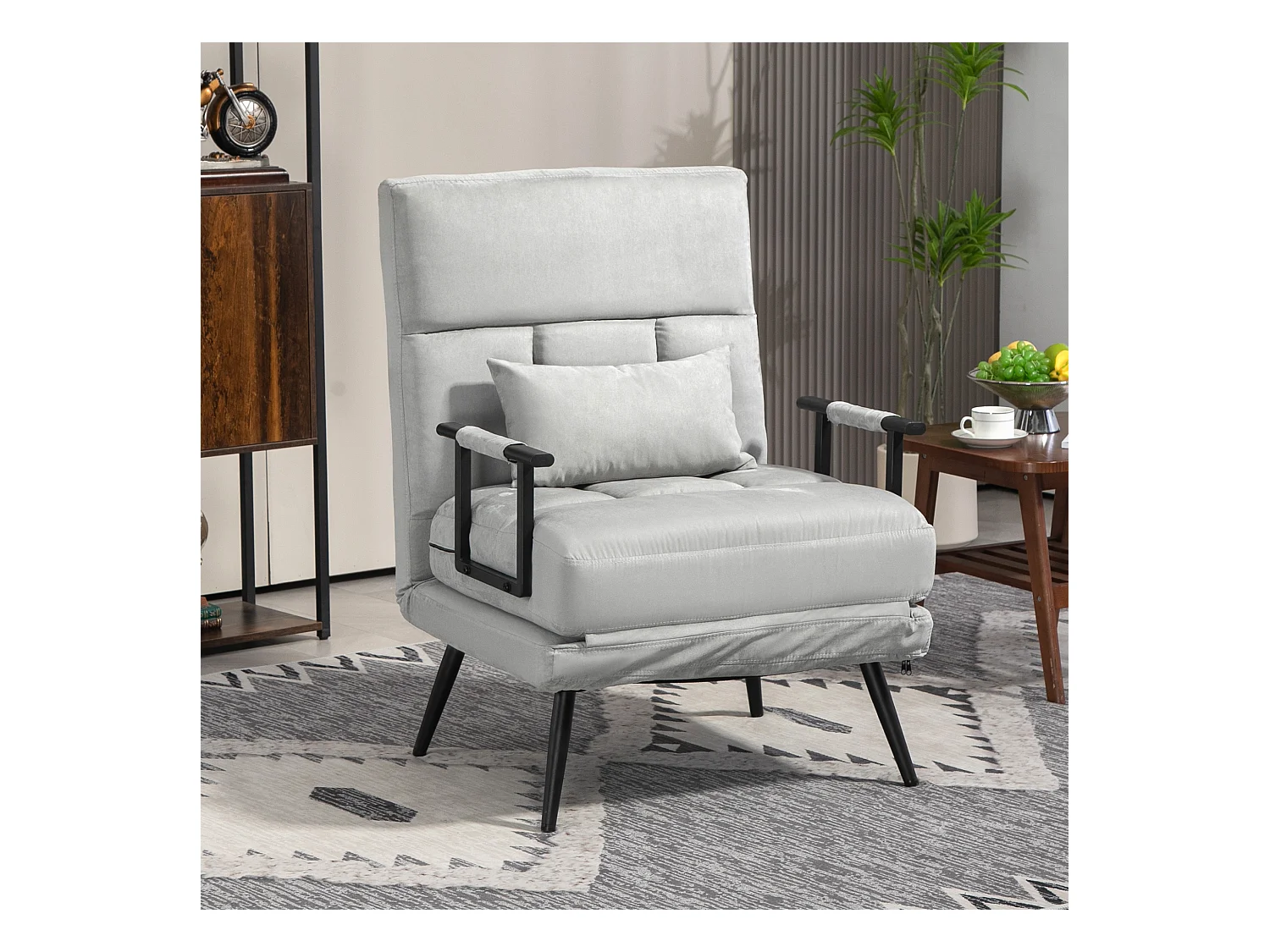 Fauteuil chauffeuse canapé-lit convertible 1 place coussin pieds accoudoirs métal noir velours gris clair