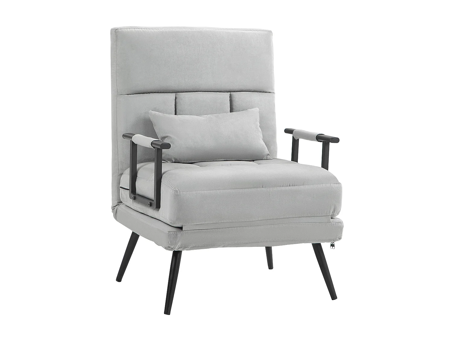 Fauteuil chauffeuse canapé-lit convertible 1 place coussin pieds accoudoirs métal noir velours gris clair