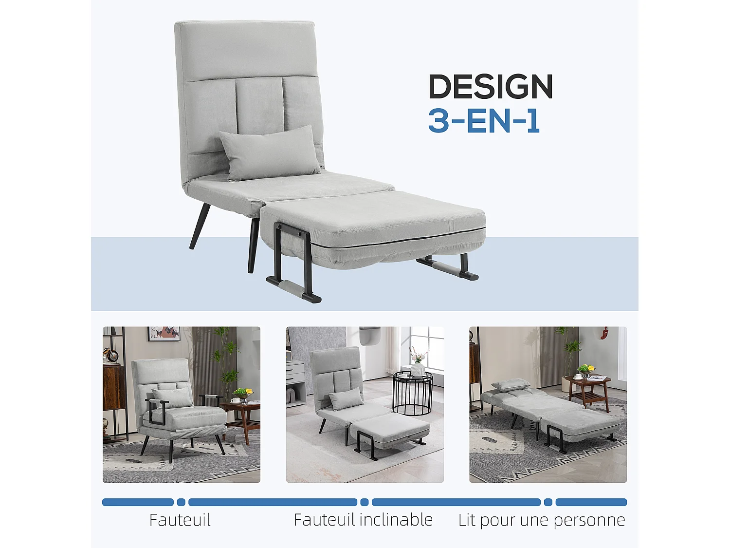 Fauteuil chauffeuse canapé-lit convertible 1 place coussin pieds accoudoirs métal noir velours gris clair