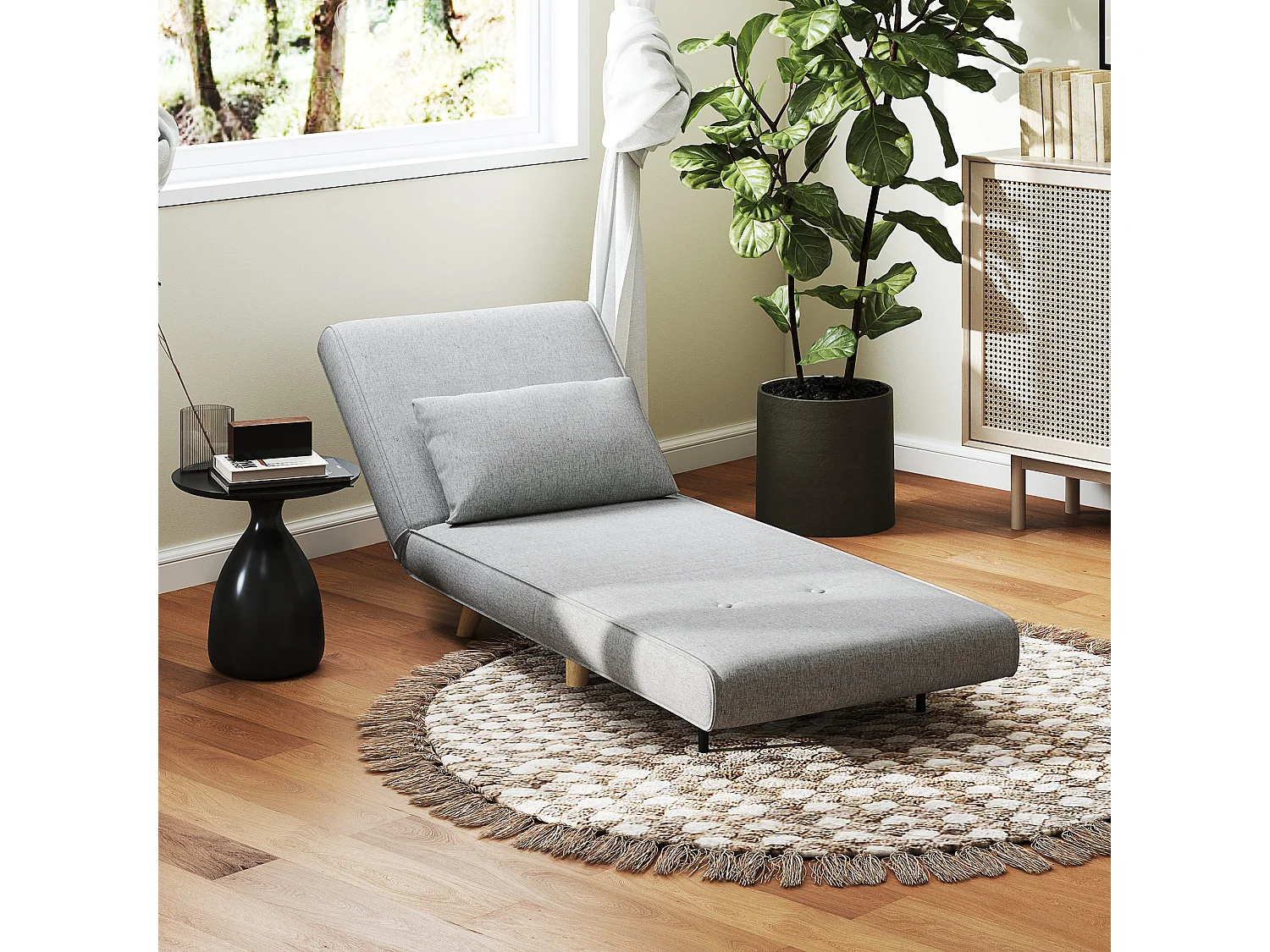 Fauteuil chauffeuse canapé-lit convertible 1 place - coussin inclus - style scandinave tissu gris clair