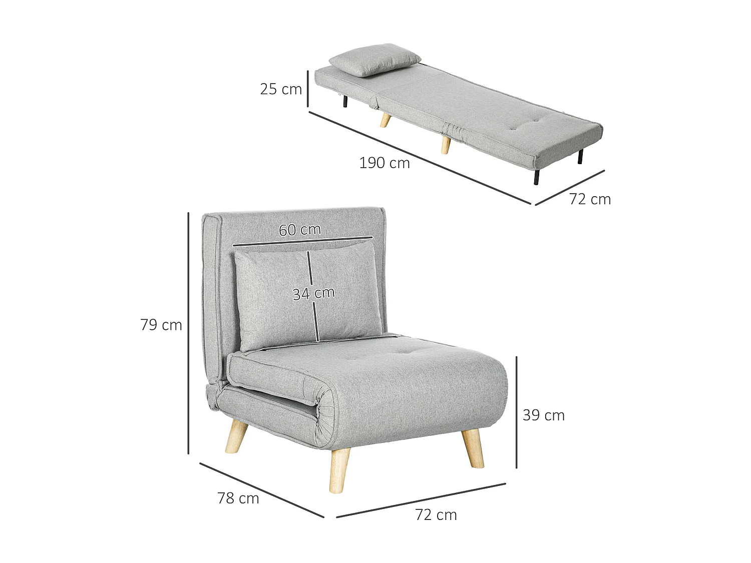 Fauteuil chauffeuse canapé-lit convertible 1 place - coussin inclus - style scandinave tissu gris clair