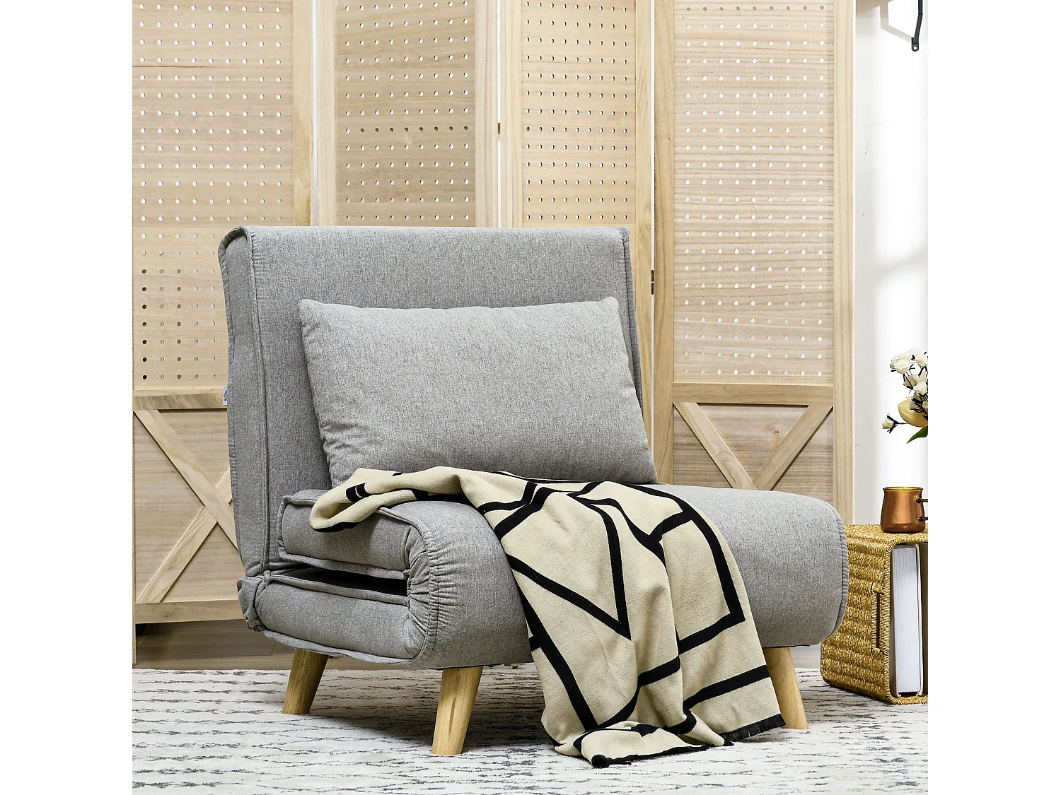 Fauteuil chauffeuse canapé-lit convertible 1 place - coussin inclus - style scandinave tissu gris clair