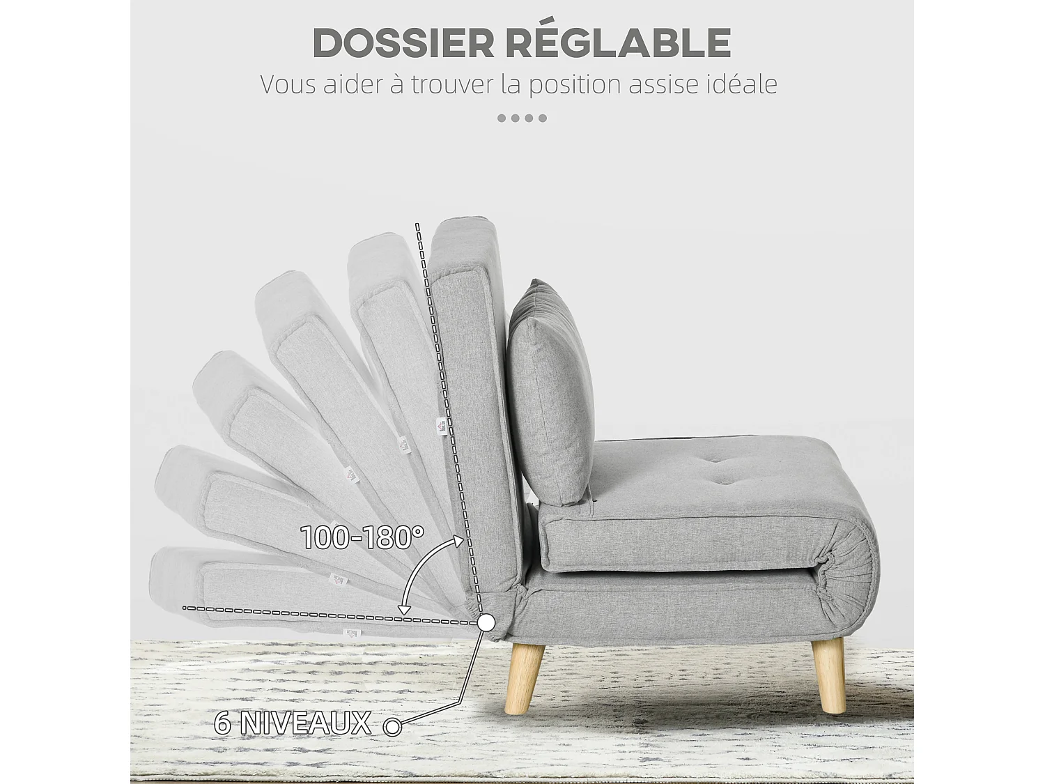 Fauteuil chauffeuse canapé-lit convertible 1 place - coussin inclus - style scandinave tissu gris clair