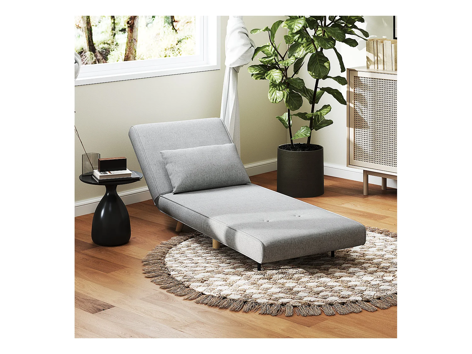 Fauteuil chauffeuse canapé-lit convertible 1 place - coussin inclus - style scandinave tissu gris clair
