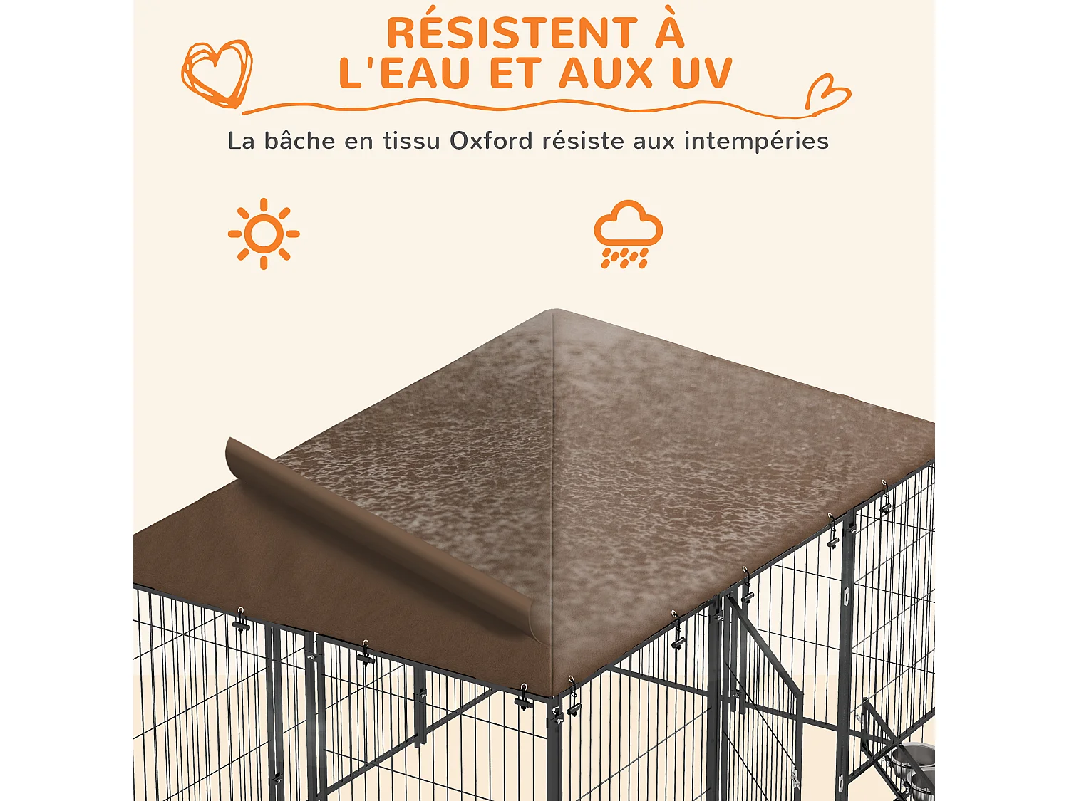 Chenil extérieur couvert pour chien 2 supports gamelles rotatifs porte verouillable acier noir