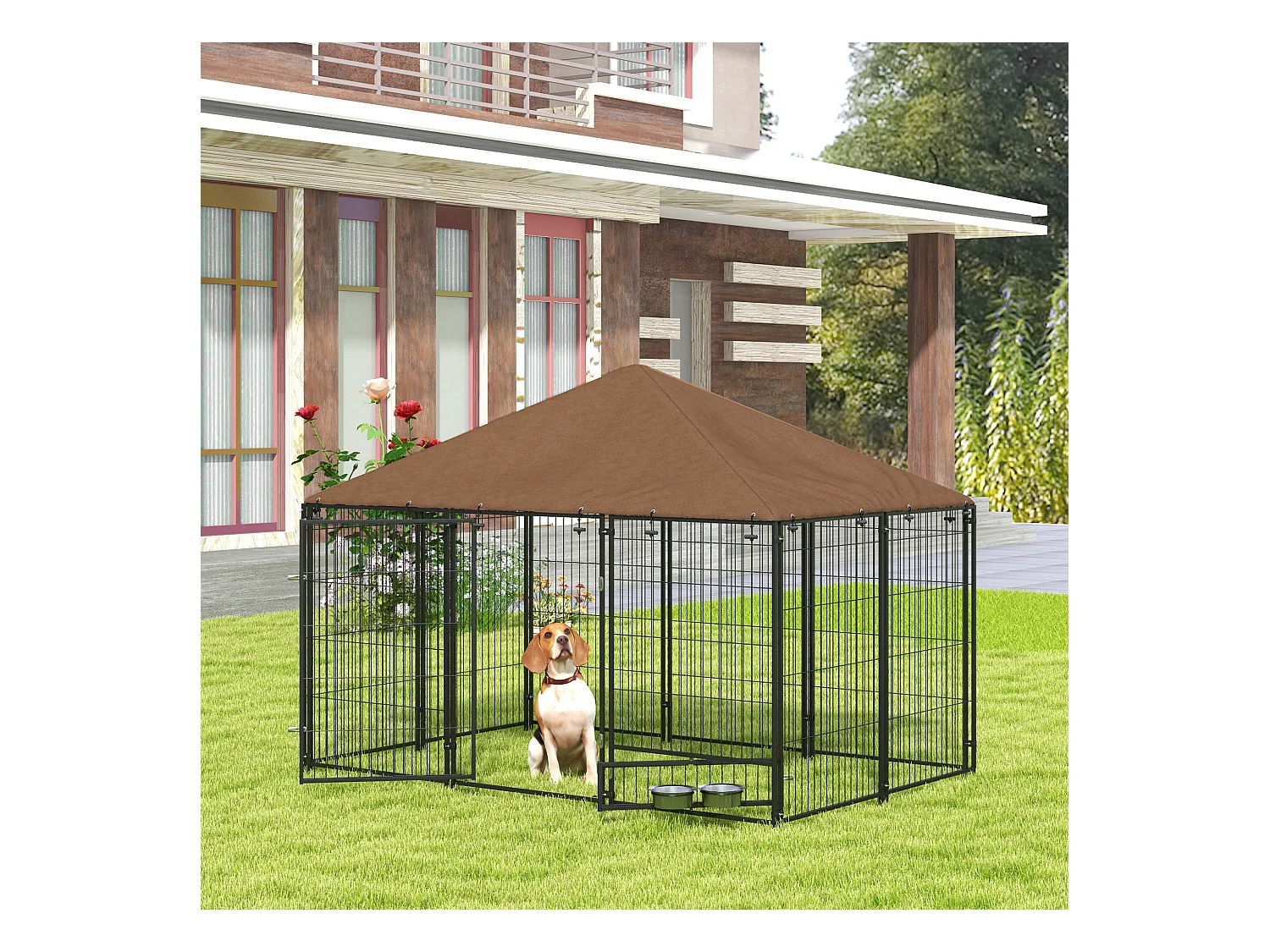 Chenil extérieur couvert pour chien 2 supports gamelles rotatifs porte verouillable acier noir