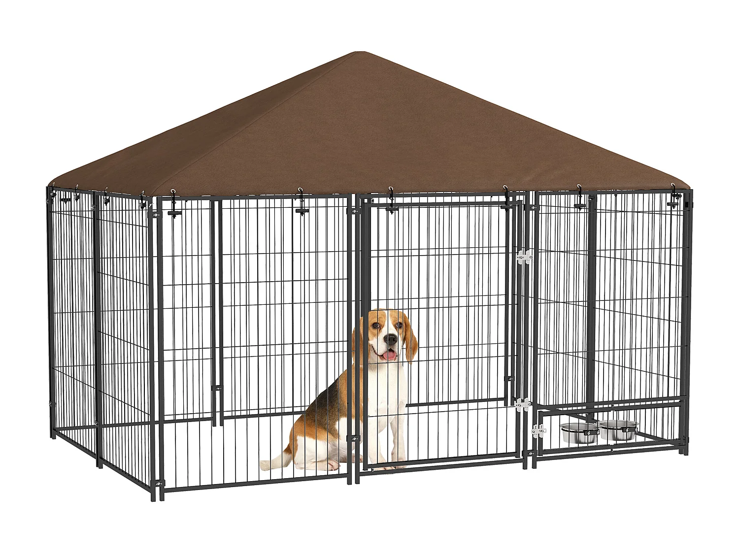 Chenil extérieur couvert pour chien 2 supports gamelles rotatifs porte verouillable acier noir