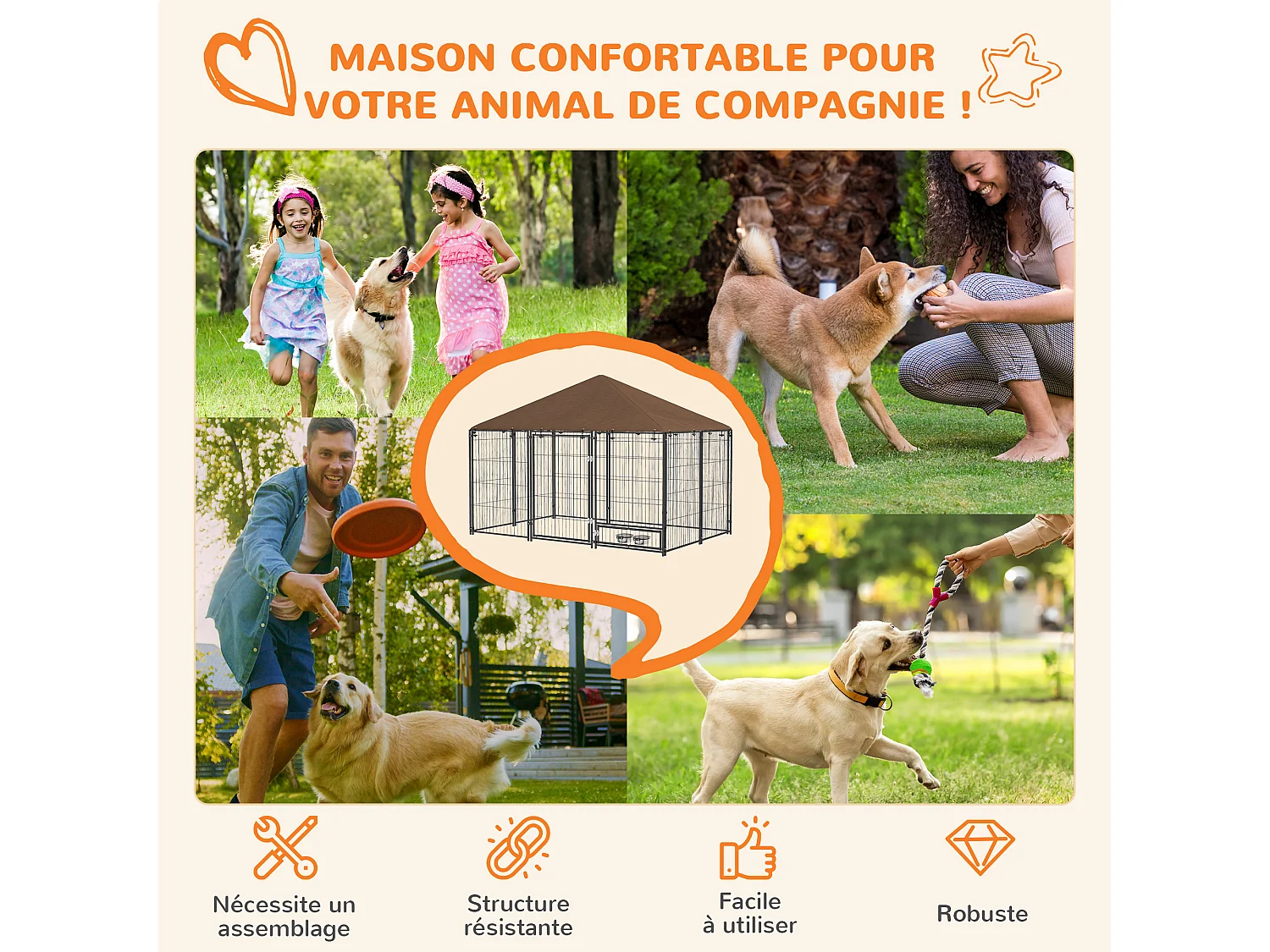 Chenil extérieur couvert pour chien 2 supports gamelles rotatifs porte verouillable acier noir