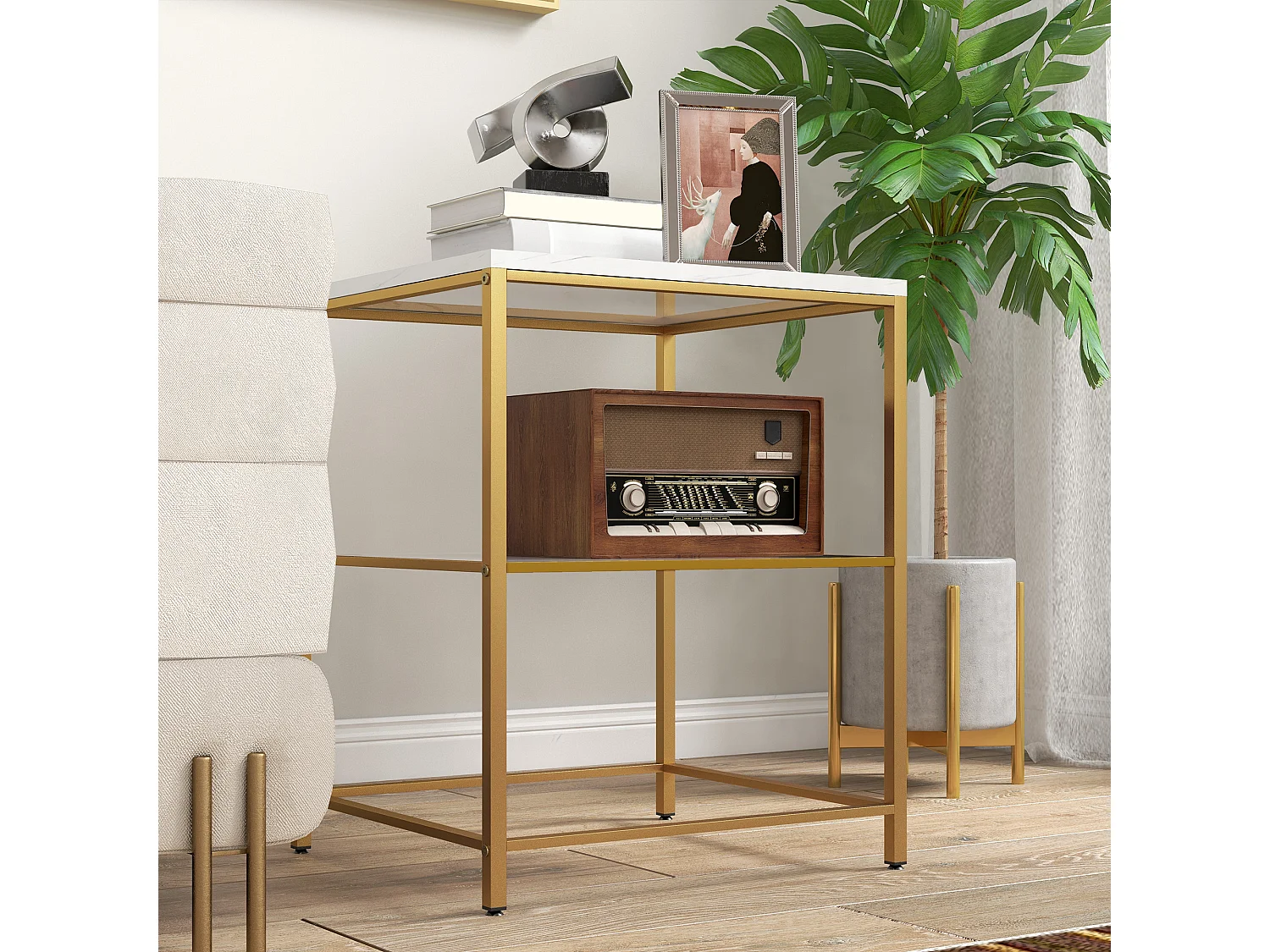 Table d'appoint bout de canapé 2 étagères style art déco métal doré aspect marbre blanc