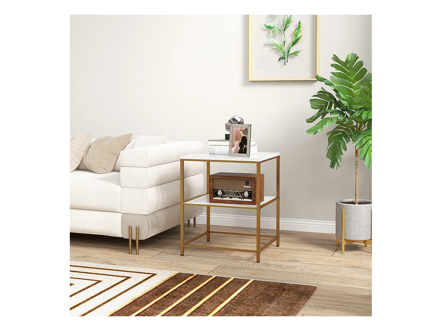 Table d'appoint bout de canapé 2 étagères style art déco métal doré aspect marbre blanc