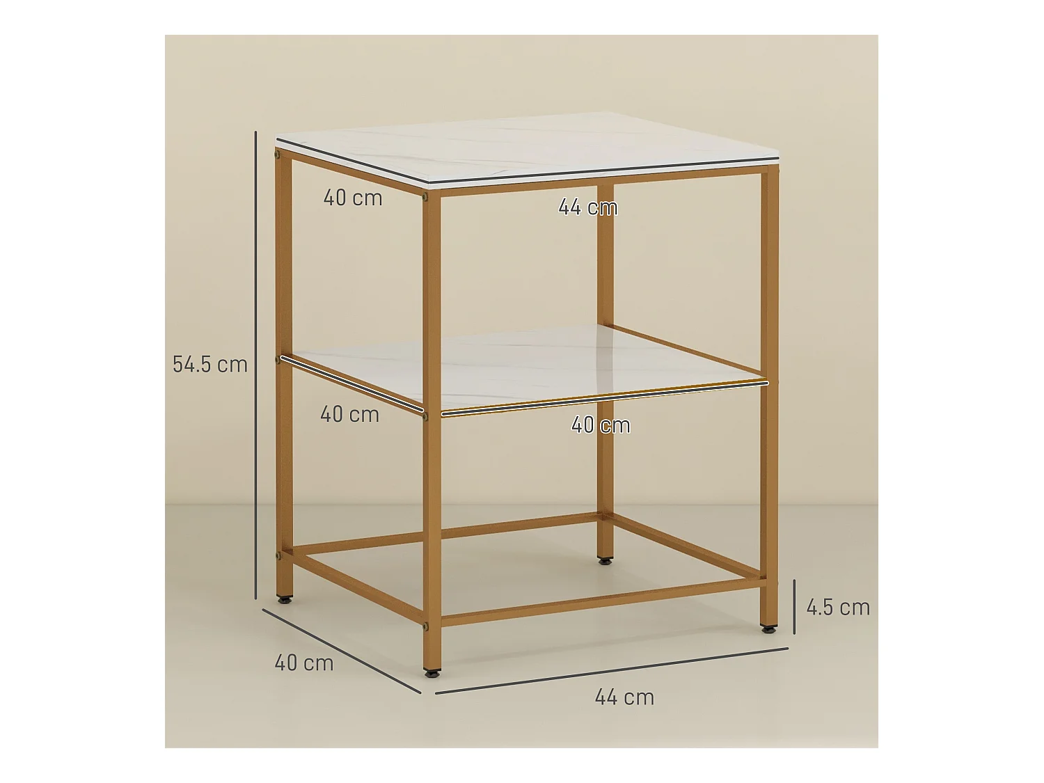 Table d'appoint bout de canapé 2 étagères style art déco métal doré aspect marbre blanc