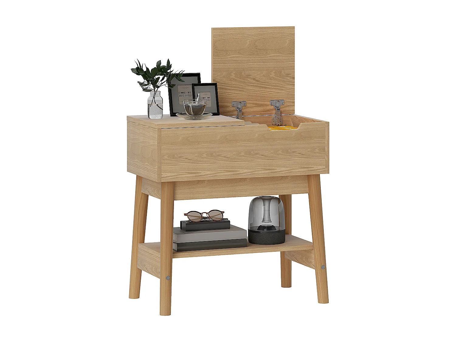 Table d'appoint bout de canapé style campagne chic - coffre, étagère - aspect chêne clair rotin