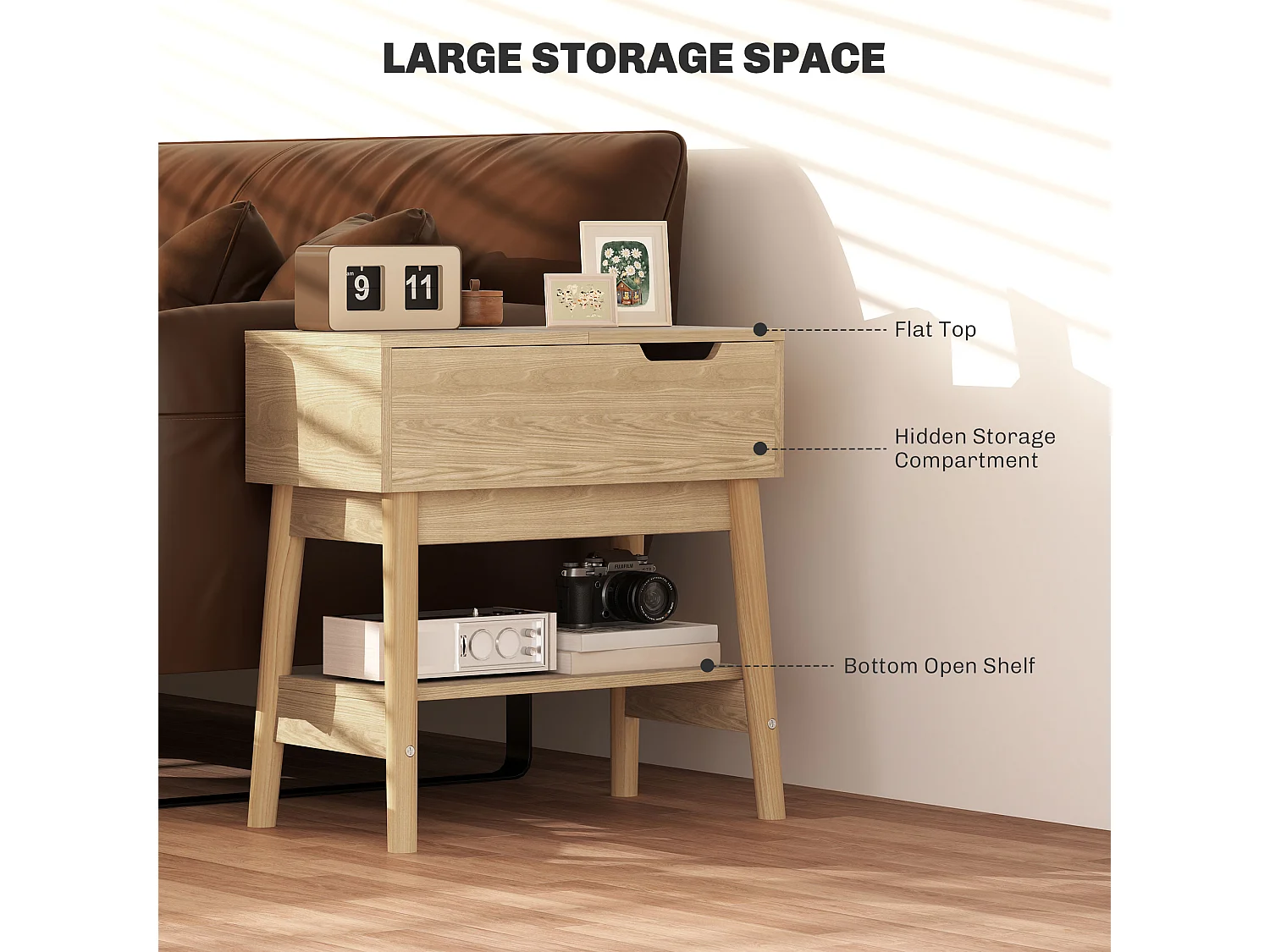 Table d'appoint bout de canapé style campagne chic - coffre, étagère - aspect chêne clair rotin