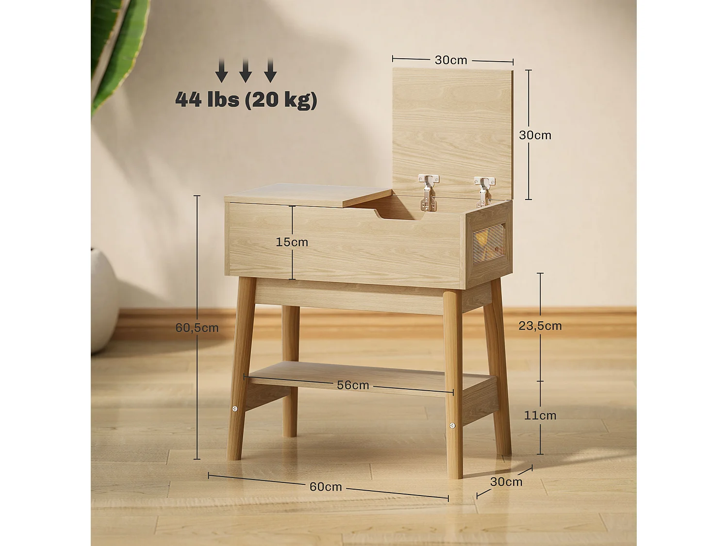 Table d'appoint bout de canapé style campagne chic - coffre, étagère - aspect chêne clair rotin