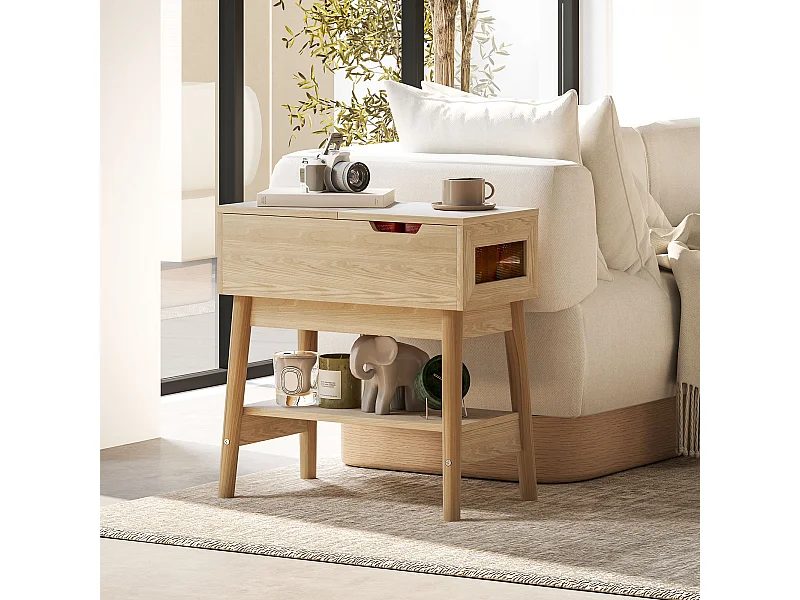 Table d'appoint bout de canapé style campagne chic - coffre, étagère - aspect chêne clair rotin