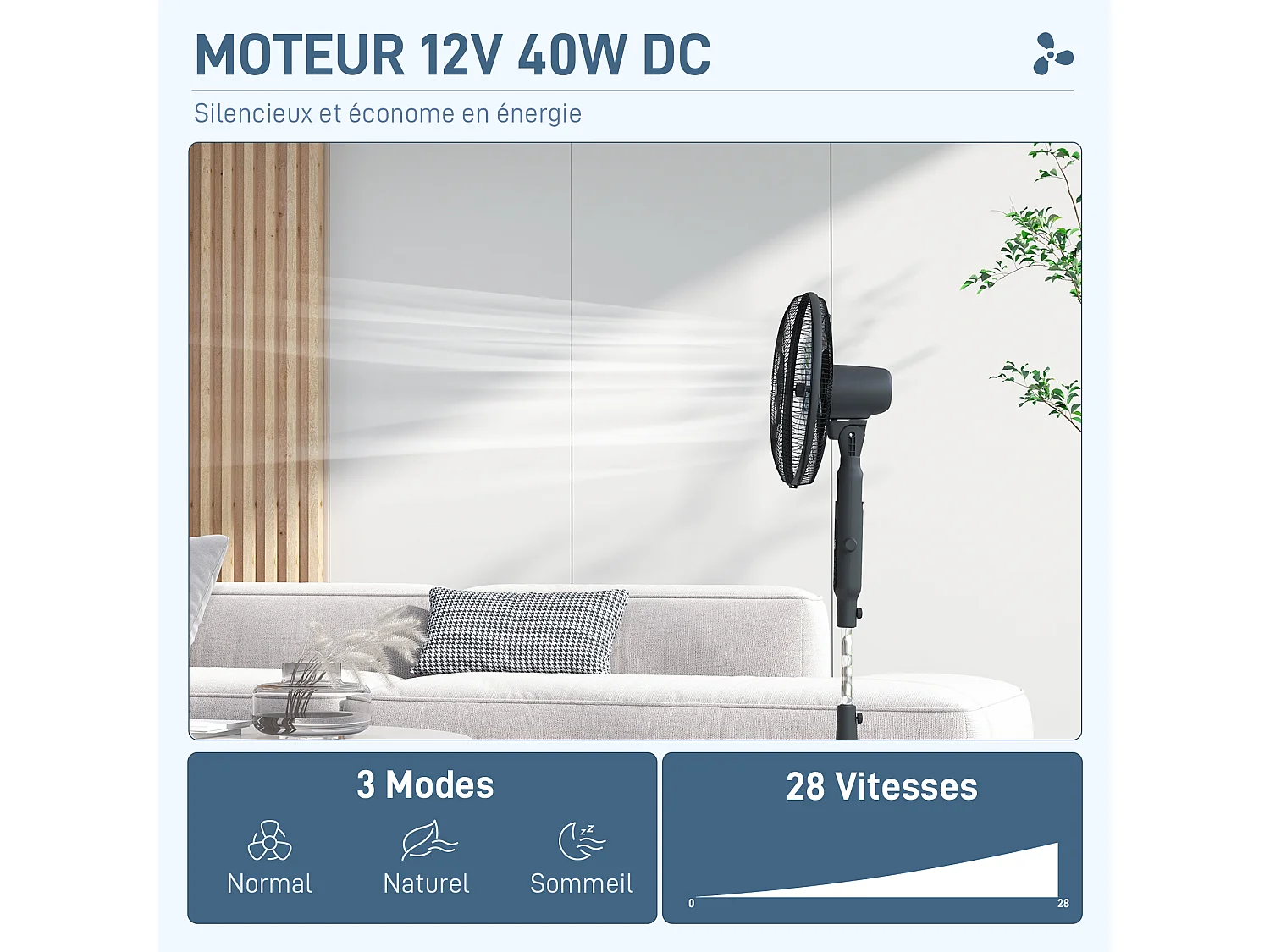 Ventilateur oscillant réglable sur pied 40W 3 modes 28 vitesses timer  fonction anti-moustique télécommande noir