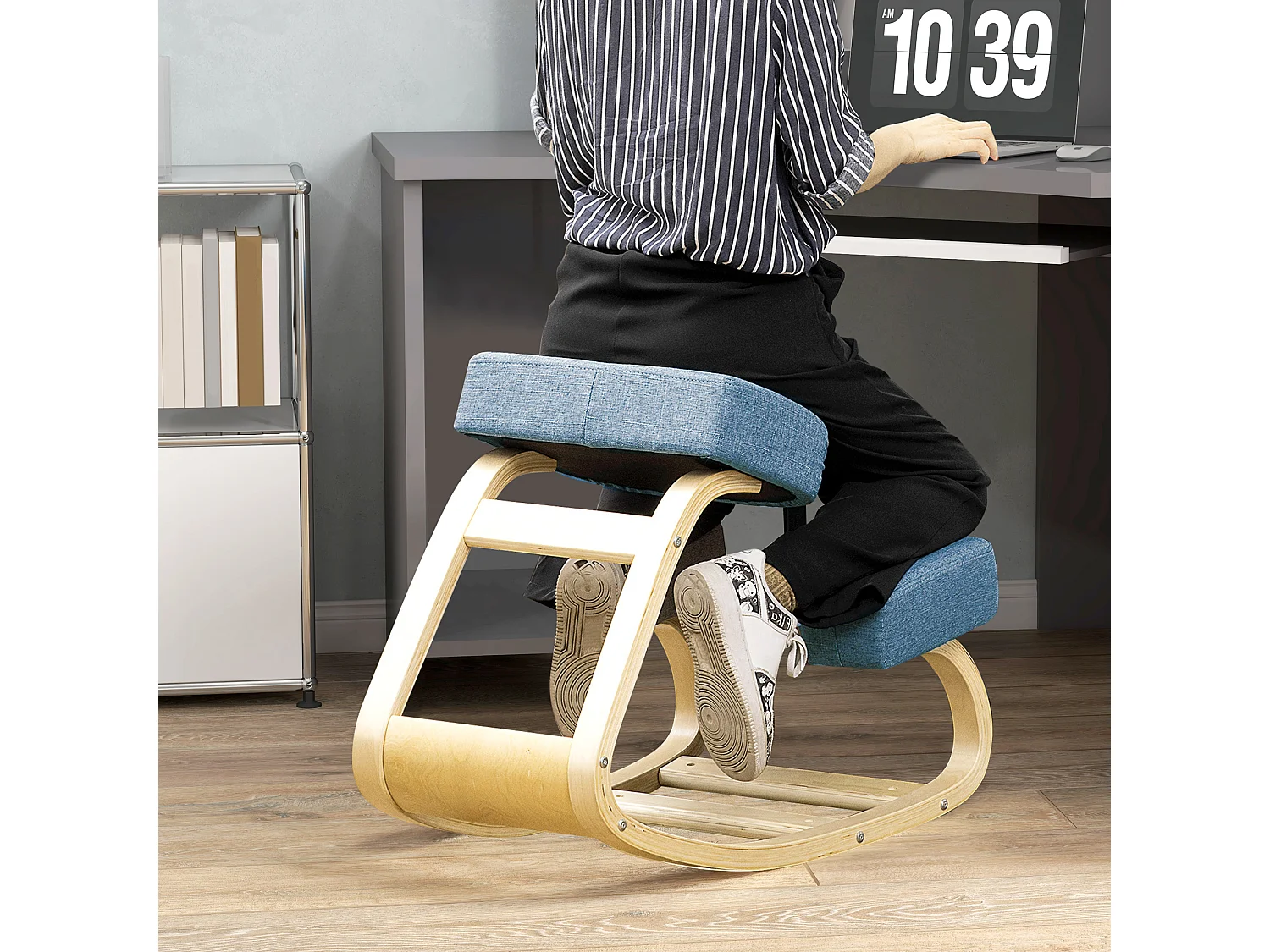 Tabouret ergonomique - siège assis à genoux - chaise à genoux grand confort - bois bouleau polyester bleu