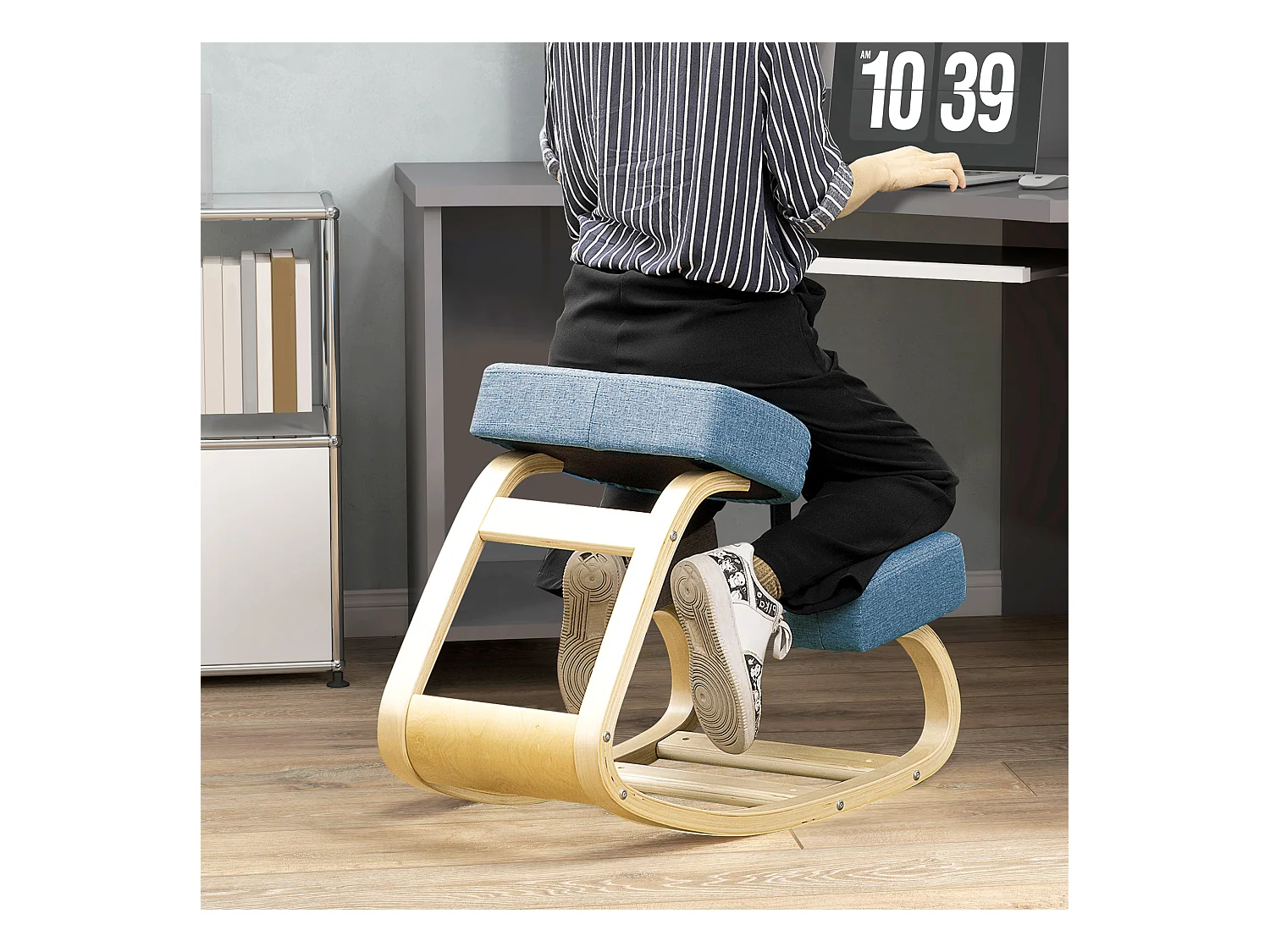 Tabouret ergonomique - siège assis à genoux - chaise à genoux grand confort - bois bouleau polyester bleu