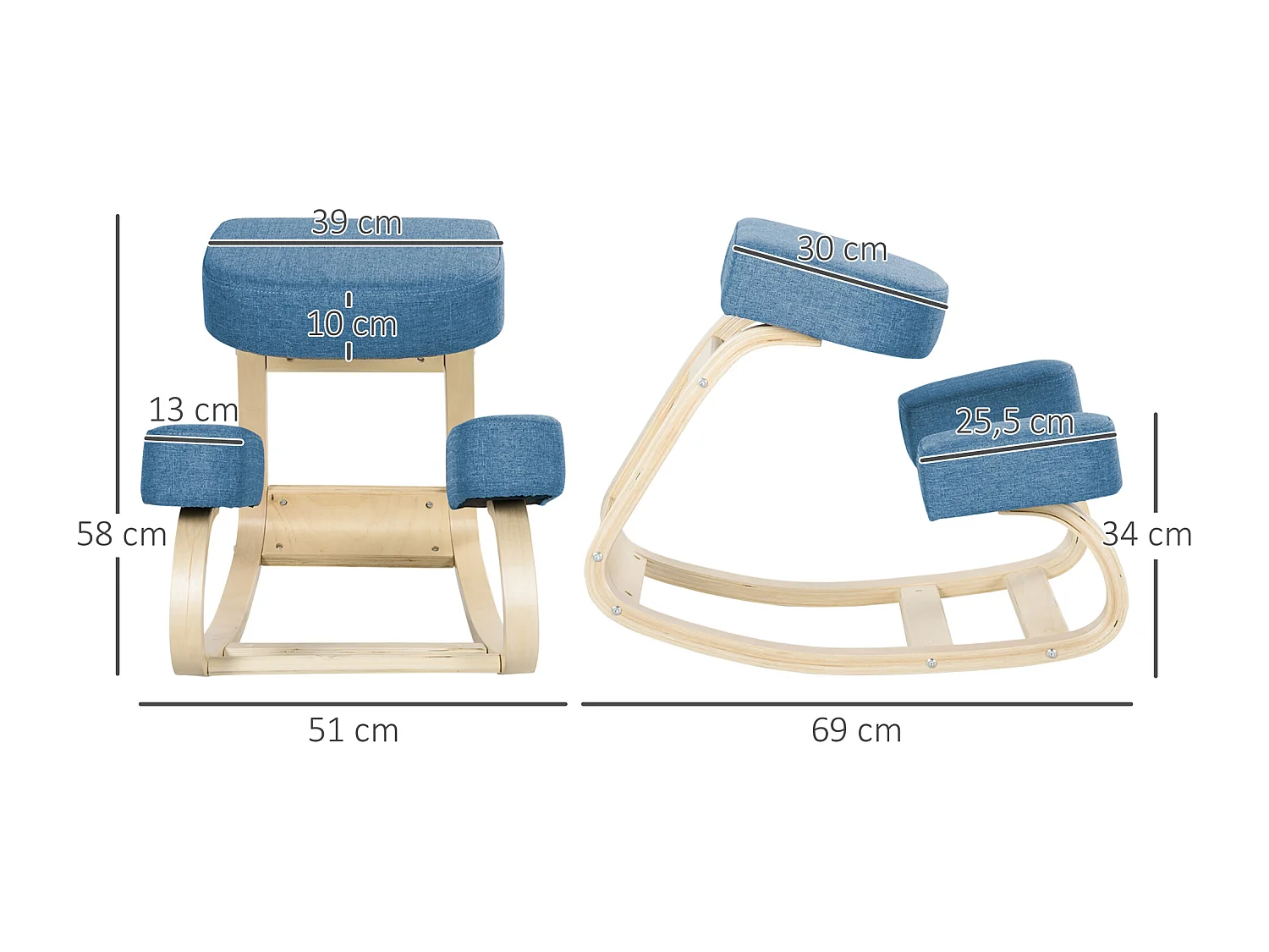 Tabouret ergonomique - siège assis à genoux - chaise à genoux grand confort - bois bouleau polyester bleu