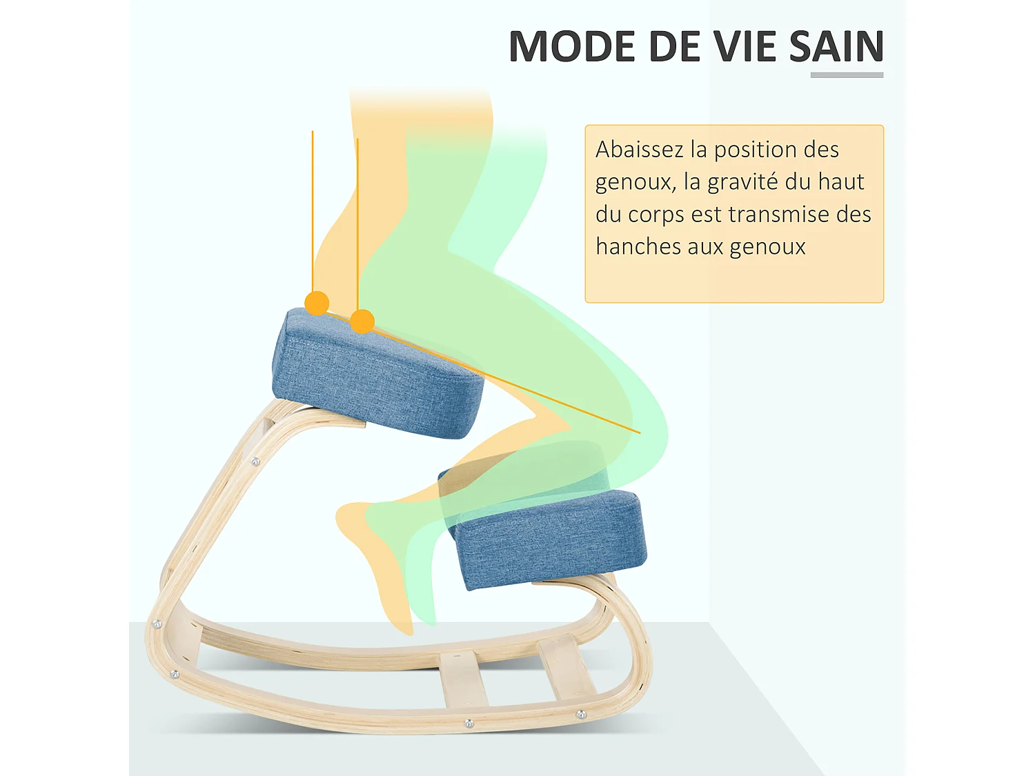 Tabouret ergonomique - siège assis à genoux - chaise à genoux grand confort - bois bouleau polyester bleu