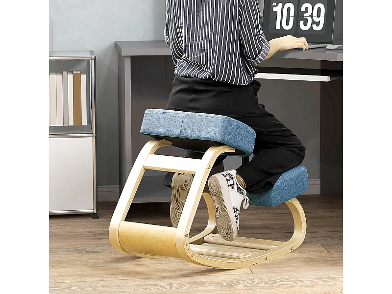 Tabouret ergonomique - siège assis à genoux - chaise à genoux grand confort - bois bouleau polyester bleu