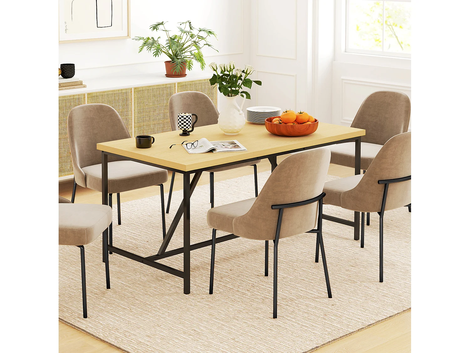 Table à manger rectangulaire 6 personnes style industriel - dim. 150L x 80l cm - acier noir effet bois pin clair