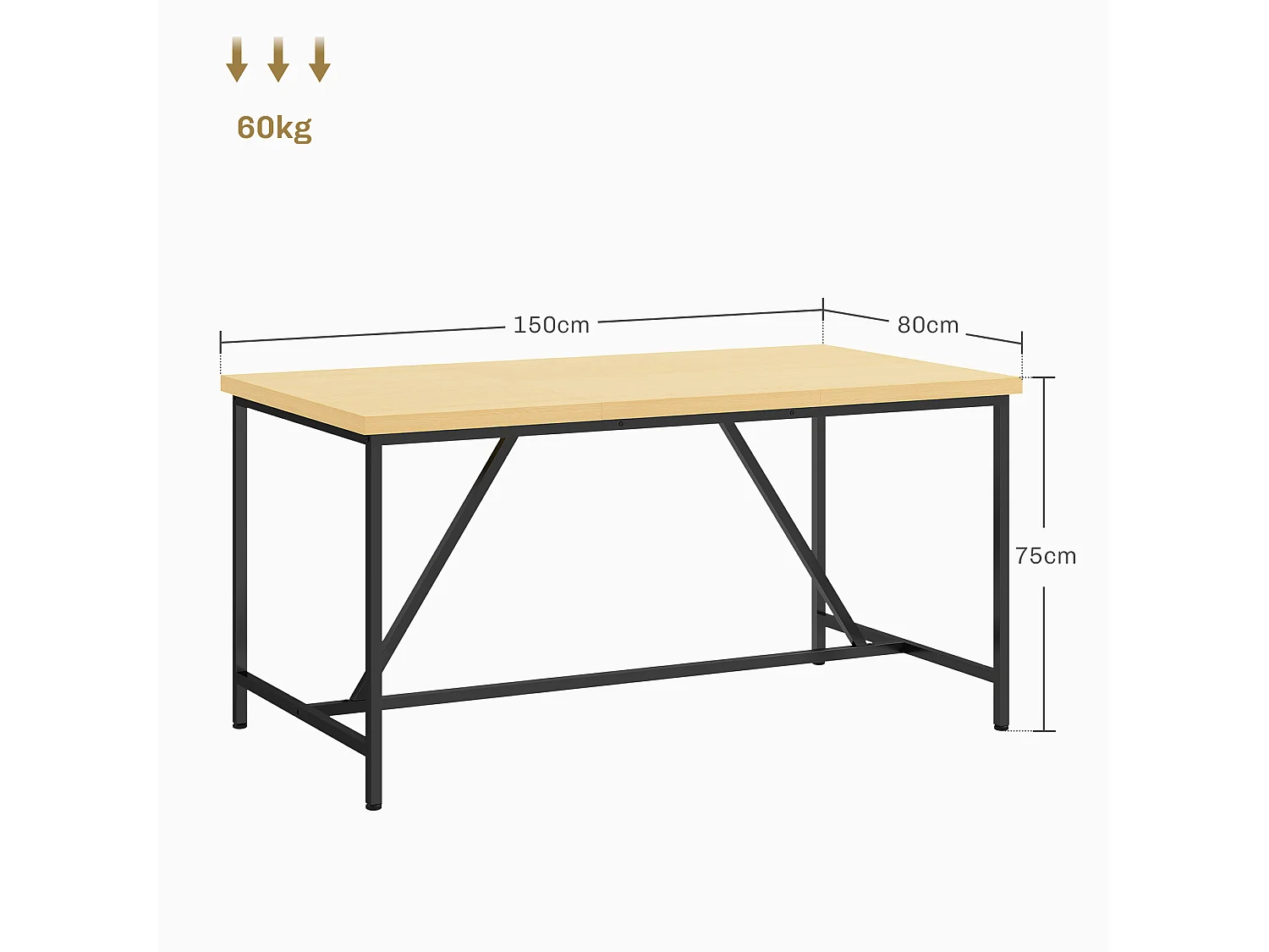 Table à manger rectangulaire 6 personnes style industriel - dim. 150L x 80l cm - acier noir effet bois pin clair