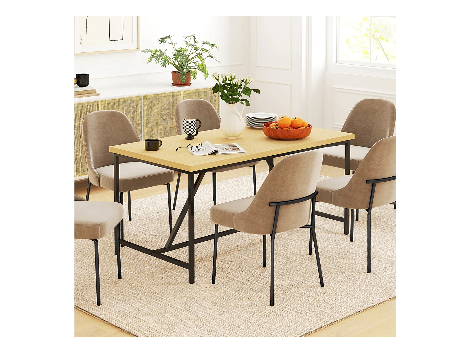 Table à manger rectangulaire 6 personnes style industriel - dim. 150L x 80l cm - acier noir effet bois pin clair