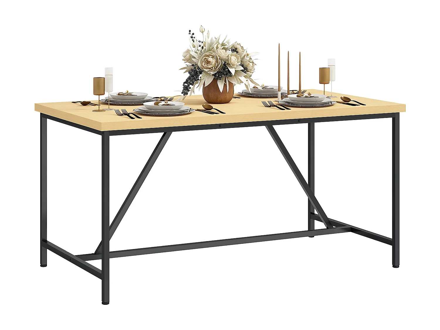 Table à manger rectangulaire 6 personnes style industriel - dim. 150L x 80l cm - acier noir effet bois pin clair