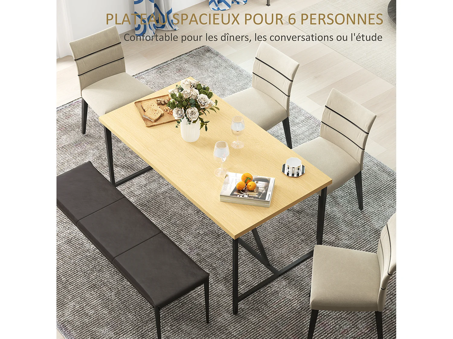 Table à manger rectangulaire 6 personnes style industriel - dim. 150L x 80l cm - acier noir effet bois pin clair