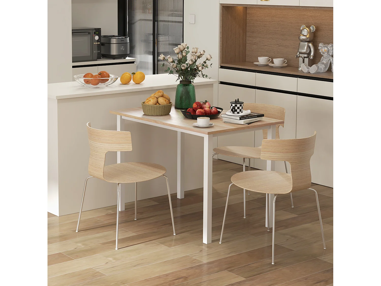 Table à manger extensible grand plateau 6 personnes acier MDF bois clair