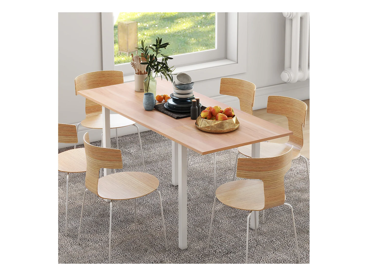 Table à manger extensible grand plateau 6 personnes acier MDF bois clair