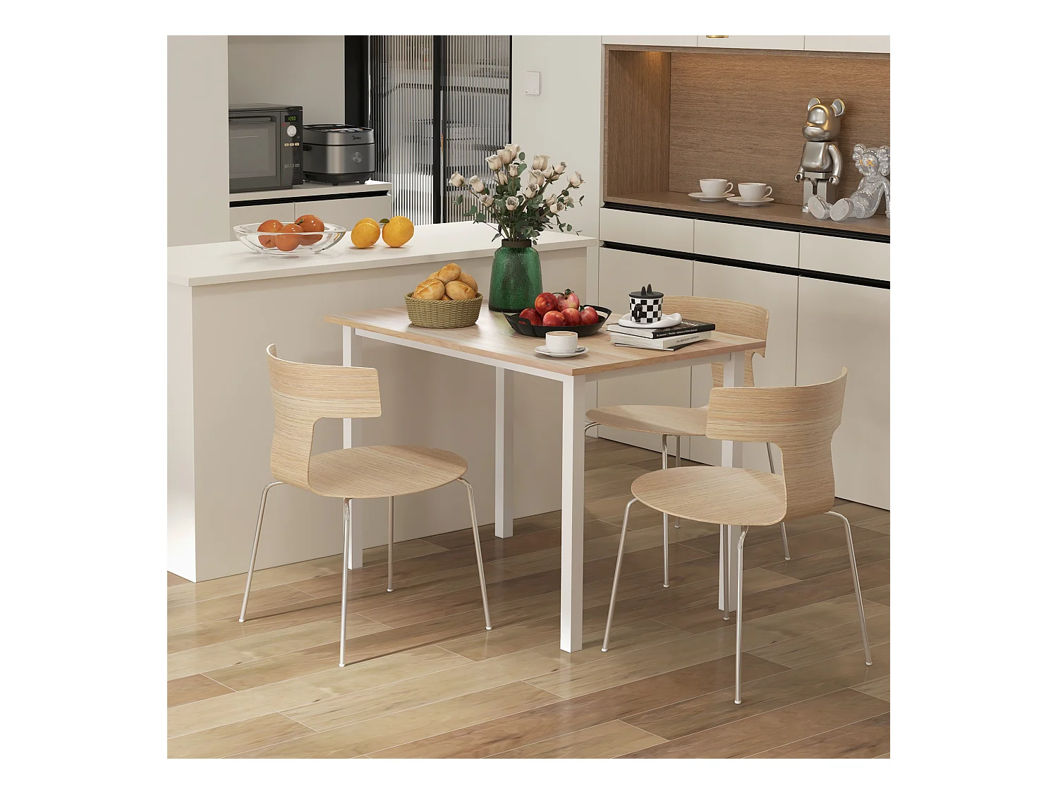 Table à manger extensible grand plateau 6 personnes acier MDF bois clair