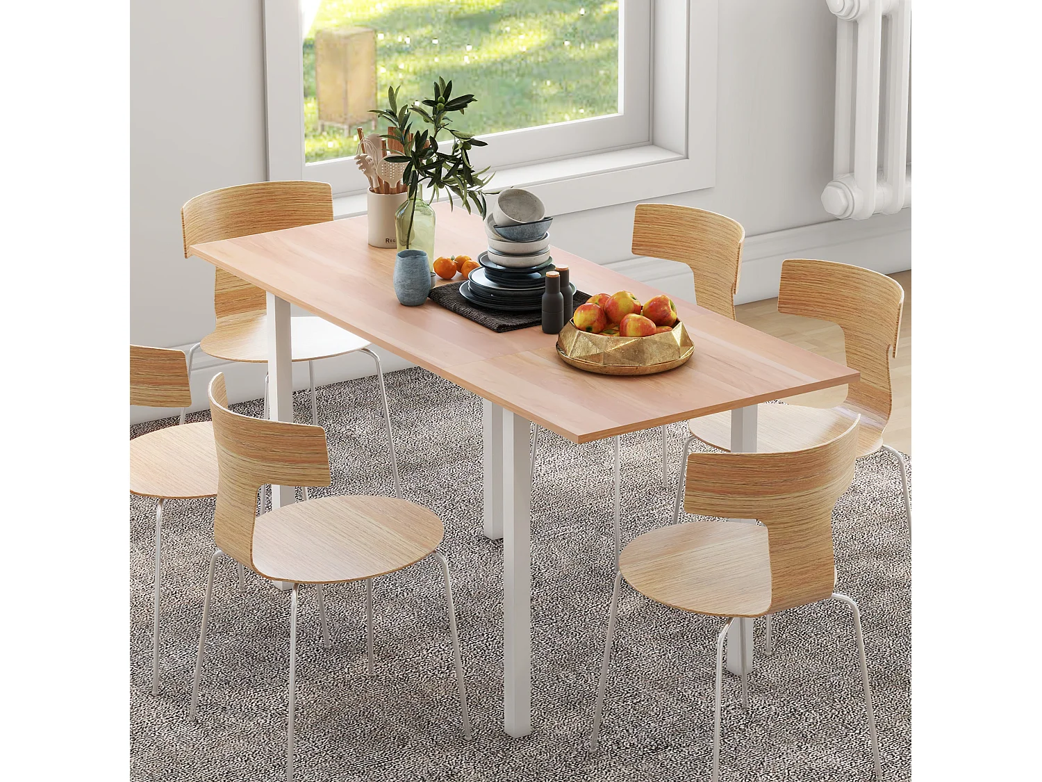Table à manger extensible grand plateau 6 personnes acier MDF bois clair