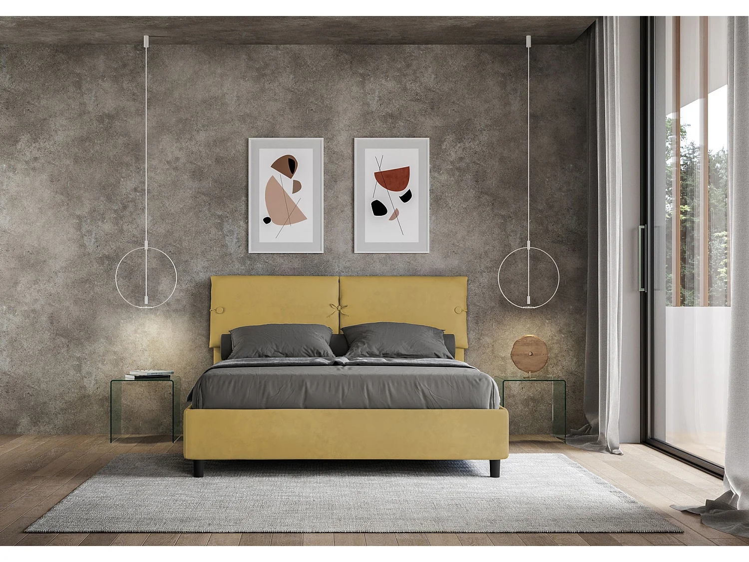 Lit avec sommier rembourré 160x190 microfibre ocre Sleeper