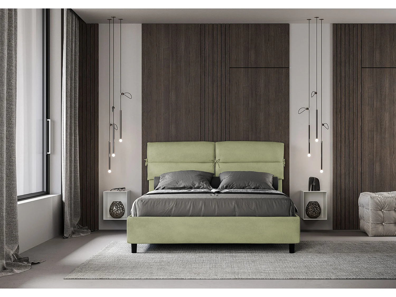 Lit avec sommier rembourré 160x200 microfibre vert Nandy