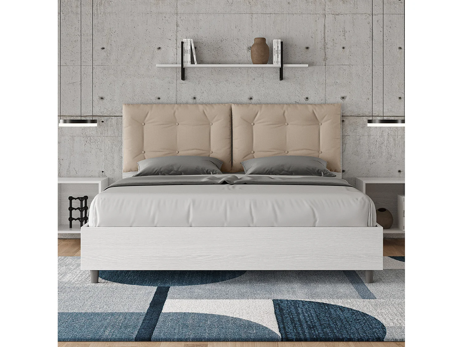 Lit queen size sans sommier 160x200 frêne blanc coussins similicuir taupe Egos Annalisa